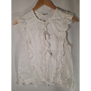 St Roche White Organic Cotton Ruffle Pintuck Sleeveless Blouse Top Small